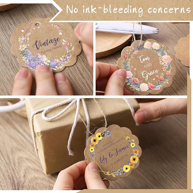 Custom Gift Tag, Personalized Favor Label, Kraft Wrapping Decoration, Wedding Supplies Birthday Party Craft, Thick Paper Hang Card with String (Flower Shape)