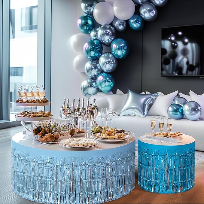 2 Pack Light Blue Lake Blue Table Skirts, 29x108" Metallic Foil Tinsel Fringe Table Skirt for Rectangle Tables Streamer Curtains Backdrop, Party Decorations for Birthdays, Weddings, Holidays