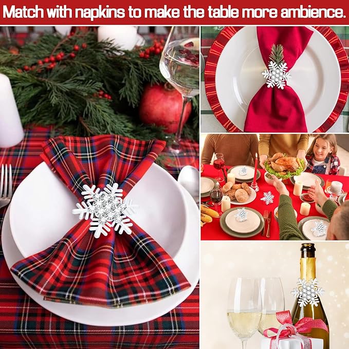 Halatool Christmas Napkin Rings Set of 8, White Snowflake with White Rhinestone Napkin Holder for Christmas Thanksgiving Winter Holiday Place Setting, Weddings, Party Table Decoration