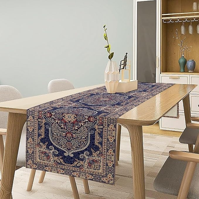 Boho Floral Vintage Table Runner, Blue Purple Retro Flower Rustic Country Farmhouse Pattern for Home Kitchen Table Decor Dining Coffee Room Party Decor 13x90in