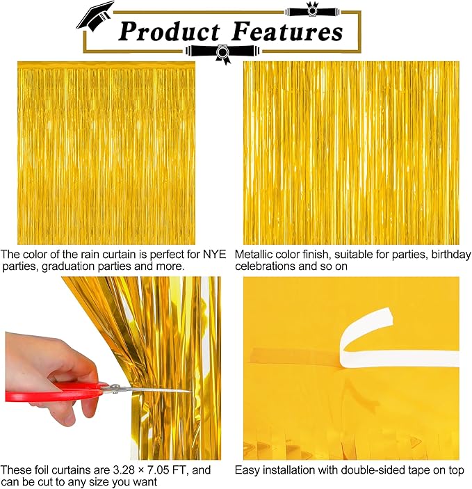 8 Pack 2025 Graduation Party Decorations, 3.28 FT x 7.05 FT Gold Backdrop, Metallic Graduation Photo Backdrop Grad Foil Curtains Party Streamer, Class of 2025 Decorations Grad Decor