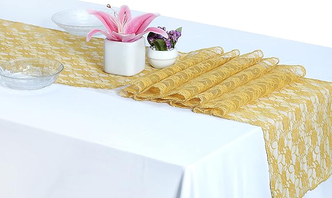 MDS Pack of 15 Wedding 12 x 108 inches Lace Table Runner for Wedding, Decorations for Birthday Parties, Banquets, Graduations, Engagements, and Runners fit Rectangle, Round Table- Gold