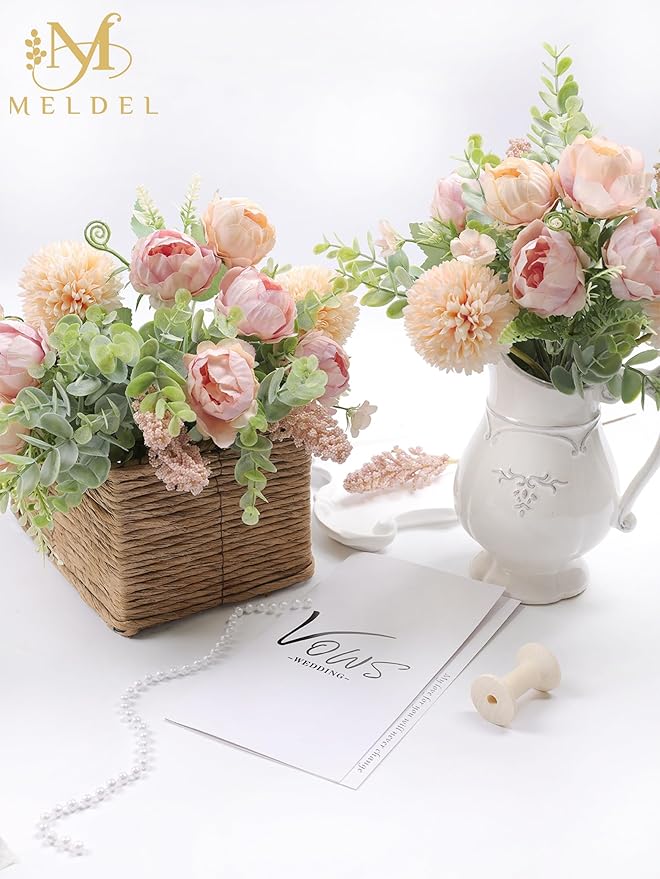 Meldel 3Pcs Peony Bouquet Light Pink Champagne Rose Artificial Flowers Eucalyptus Plants Silk Flower Arrangements Wedding Bouquets Decorations Plastic Floral Centerpieces for Home Kitchen Party Decor