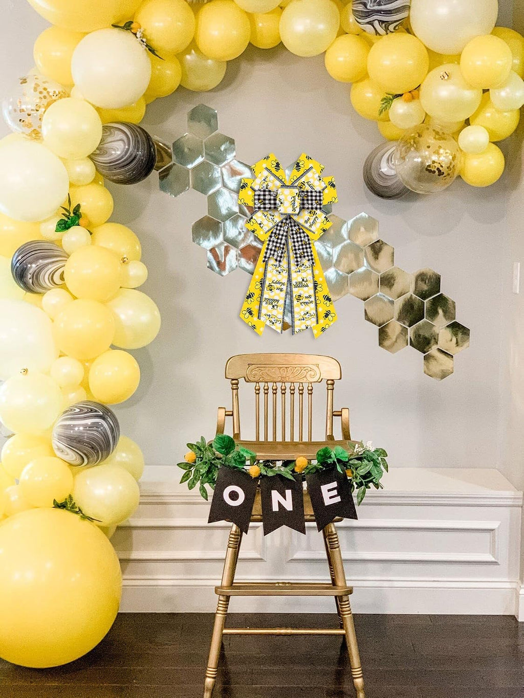 Estivaux Large Bumble Bee Bows for Wreath, Happy Bee Wreath Bows Yellow Burlap Bows White Black Buffalo Plaid Bows Spring Holiday Tree Topper Bows for Front Door Spring Birthday Farmhouse Decorations