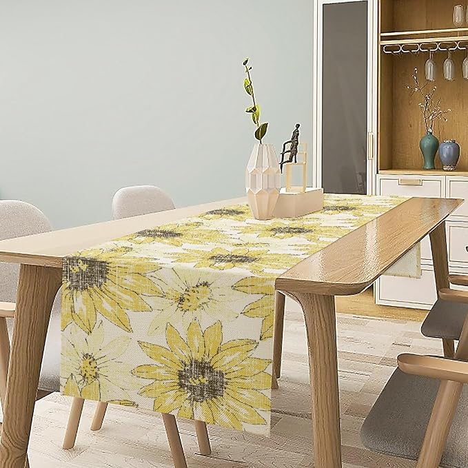 Chrysanthemum Vintage Floral Table Runner, Elegant Grunge Gray Sunflower Spring Summer Elegant Pattern Artichokes Flower Table Runner for Party Kitchen Dining Living Room Decor, 13x108 Inch