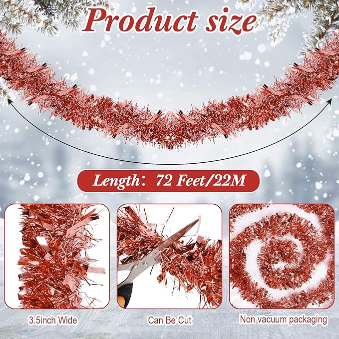 72 Feet Christmas Tinsel Garland Shiny Metallic Tinsel Twist Garland Streamers Ornaments Long Glitter Christmas Tree Hanging Decorations for Party Holiday Wedding Birthday Tree Wall Rail (Rose Gold)