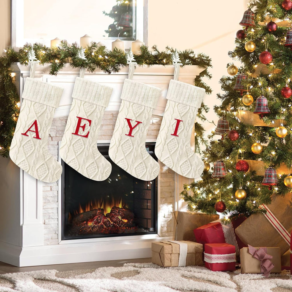 21 Inches Knitted Christmas Stockings with Initials, Large White Custom Monogram Embroidery Christmas Stockings with Letter, Personalized Xmas Decoration for Holiday Family Party-A