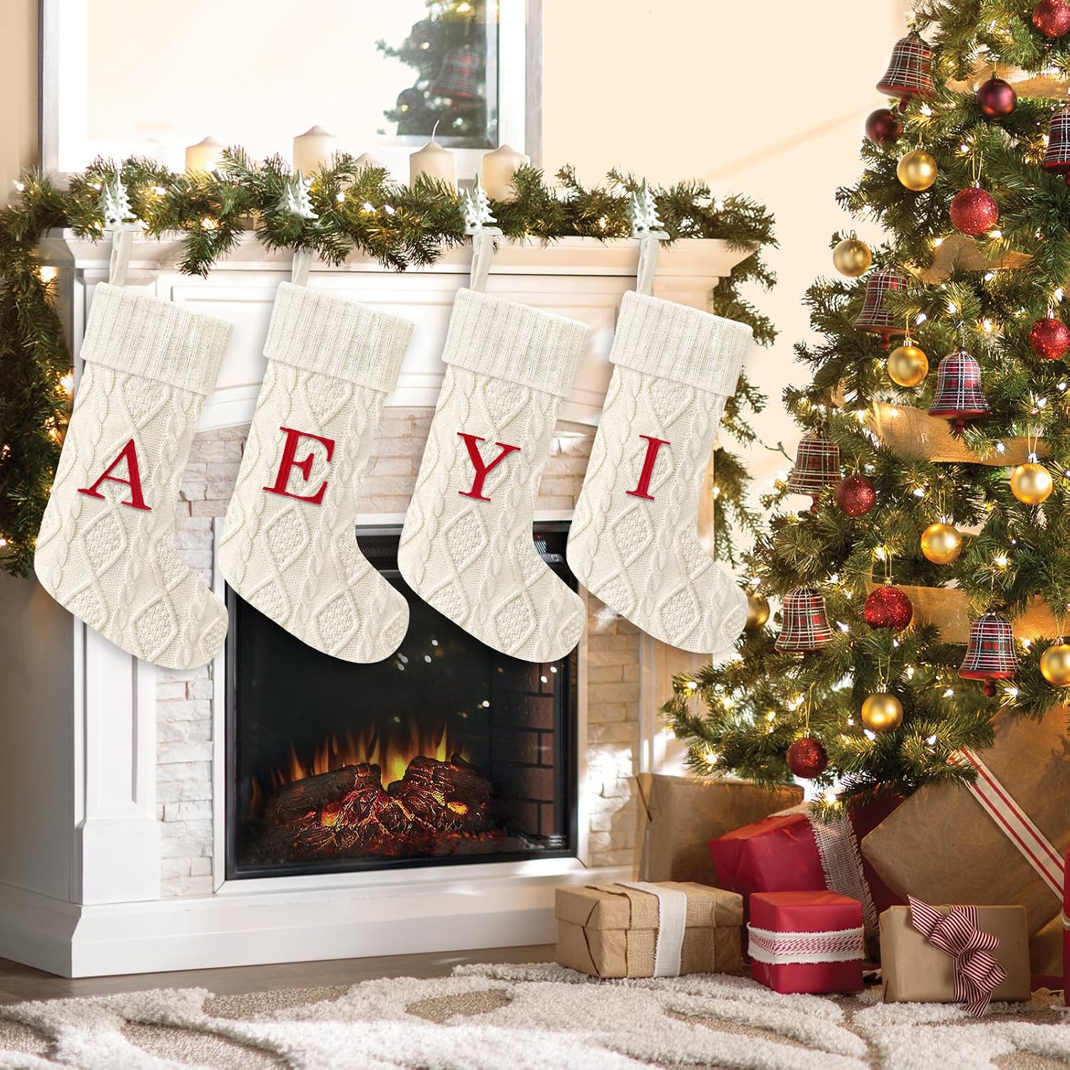 21 Inches Knitted Christmas Stockings with Initials, Large White Custom Monogram Embroidery Christmas Stockings with Letter, Personalized Xmas Decoration for Holiday Family Party-A