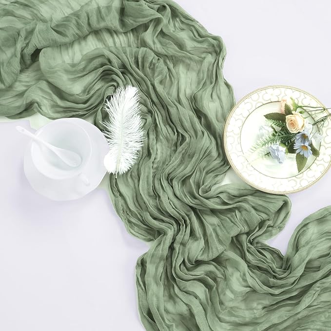 12 Pack Sage Green Cheesecloth Table Runner 10ft Boho Gauze Fabric Cheese Cloth Table Runner 35 x 120 Inch Rustic Sheer for Romantic Wedding Decor Baby Shower Party Table Centerpiece Decoration