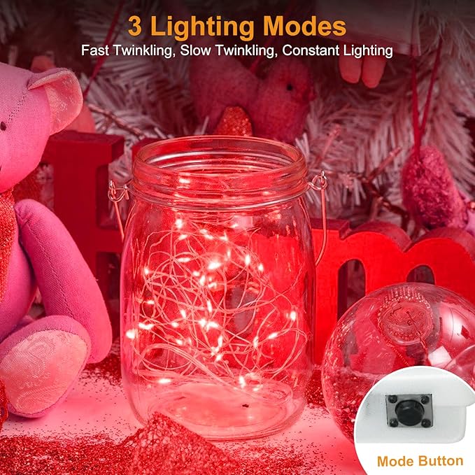 btfarm 6 Pack Fairy Lights Battery Operated [3 Modes], 7ft 20 Led Twinkle Lights String Lights Waterproof Bulk Small Mini Silver Wire for Christmas Mason Jars Wedding Table Centerpiece, Red
