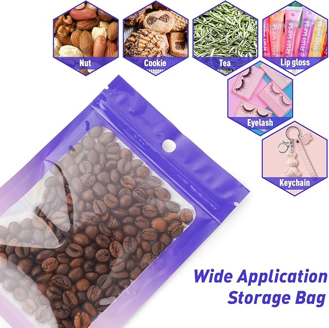 Funfery 100 Pack Holographic Bags,Mylar Resealable Bags with Zipper,Clear Window Packaging Pouch,Foil Bag for Food Storage,Sample Jewelry Baggies(3.1×5.1in,Purple Pink)