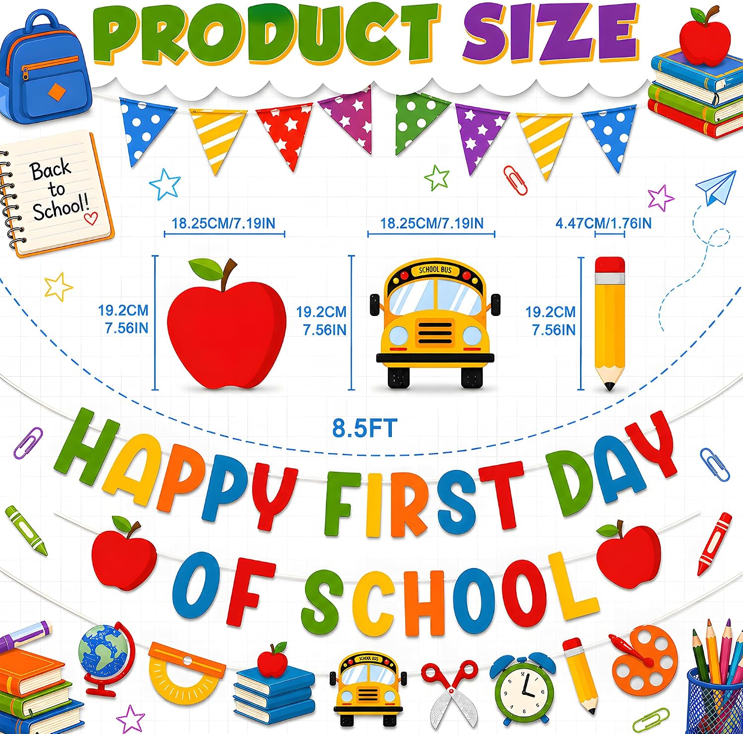 Back to School Decorations - Happy First Day of School Banner Sign Decor for Indoor Outdoor | Back To School Garland Backdrop - Hanging Classroom Decor Party Favors Supplies
