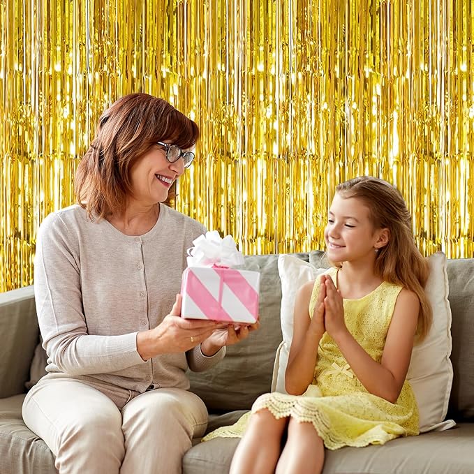 10 Pack Gold Foil Curtain Backdrop 3.2ft x 9.8ft Metallic Tinsel Foil Fringe Curtains Streamer Photo Booth Backdrop for Birthday Party Engagement Bachelorette Party Decorations (Gold)