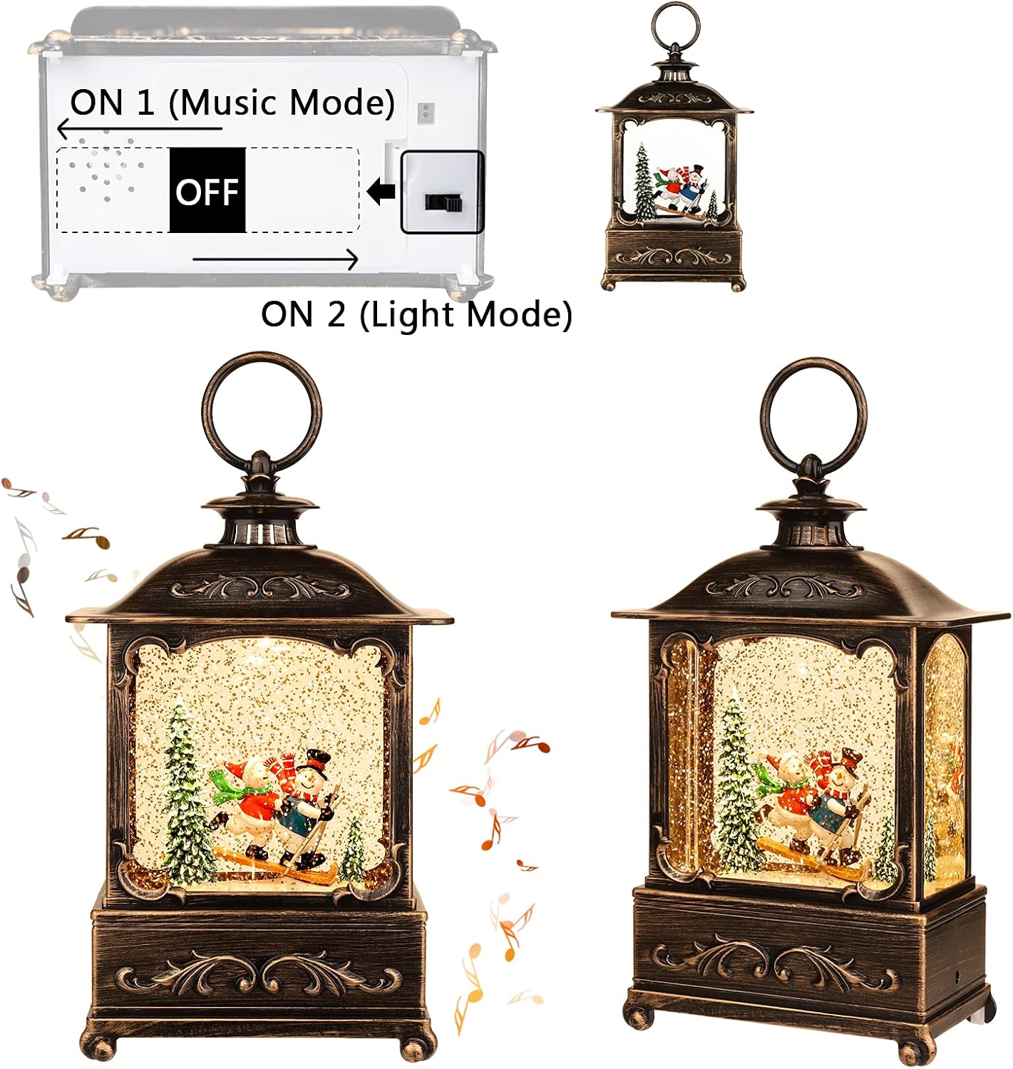 Christmas Snow Globe Lantern Christmas Decorations Water Glittering Lanterns with Music & Timer, USB Lined/Battery Operated Lighted Lantern for Christmas Festival Decoration Gifts (Skiing Snowman)