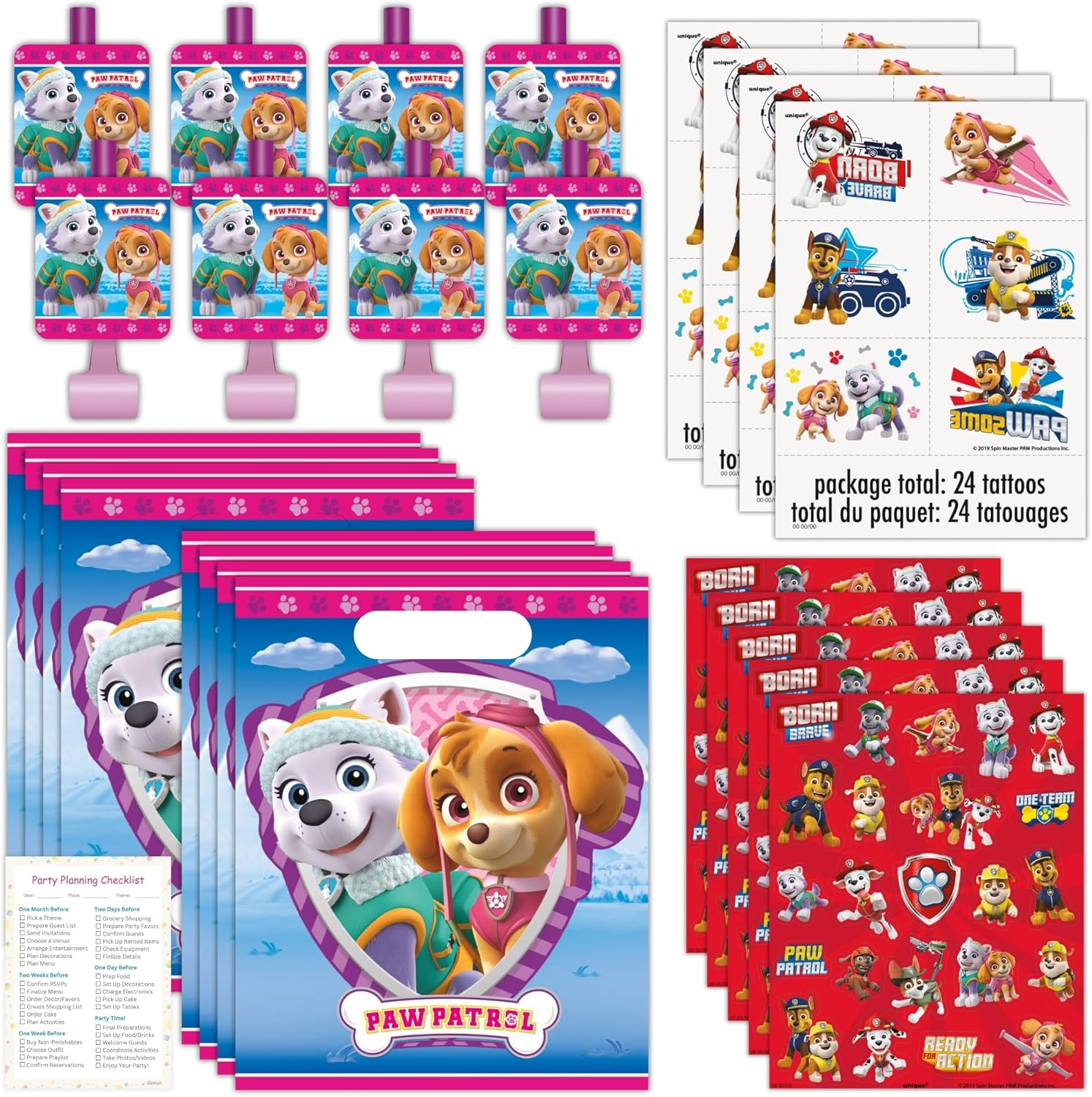 Unique Skye Paw Patrol Party Favors for 16 - Skye Paw Patrol Birthday Decorations - Bundle with Goodie Bags, Blowouts, Tattoos, Stickers, Checklist - Pink Party Favors