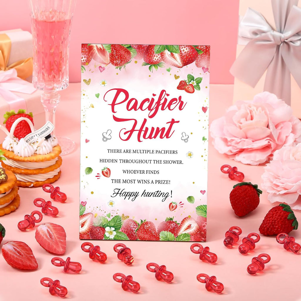 Thyle 51 Pcs Strawberry Pacifier Hunt Baby Shower Games Include Hunt Sign and 50 Acrylic Pacifiers for Baby Shower Decoration Gift Sets Gender Reveal Party Decor