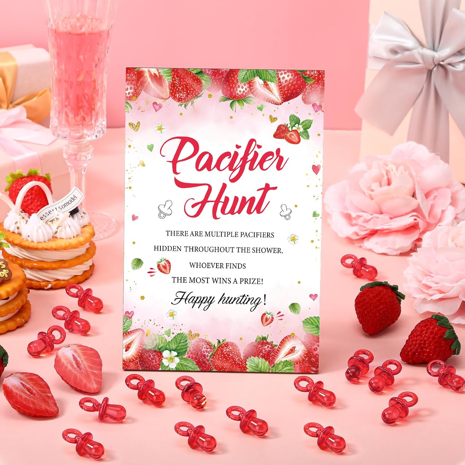 Thyle 51 Pcs Strawberry Pacifier Hunt Baby Shower Games Include Hunt Sign and 50 Acrylic Pacifiers for Baby Shower Decoration Gift Sets Gender Reveal Party Decor