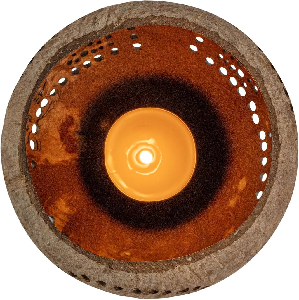 Restaurantware-Coco Casa 4 x 3.3 Inch Coconut Shell Candle Holders, 1 Reusable Tealight Holders - Candle Not Included, Rainbow Pattern, Tan Coconut Bowls for Candles, Handcrafted