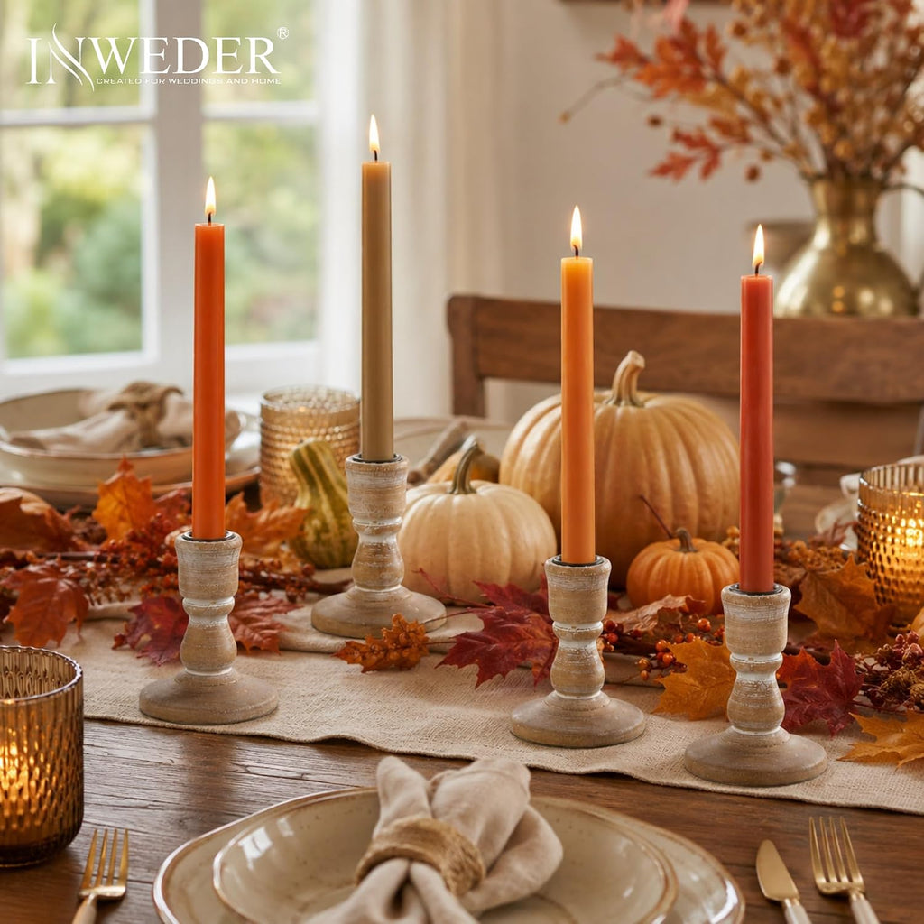 Wooden Taper Candle Holders: Rustic Farmhouse Decor, Set of 4 | Distressed Finish, Solid Wood Candlestick Holders for Fall Mantel, Dinning Table Centerpiece, Living Room, Thanksgiving