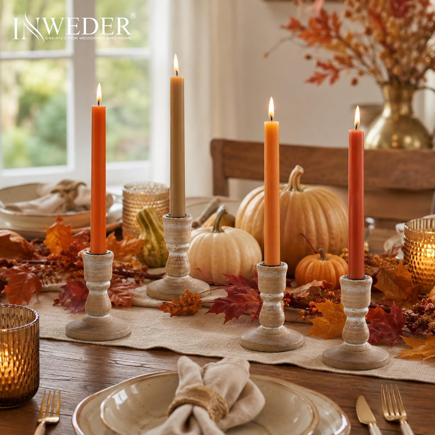 Wooden Taper Candle Holders: Rustic Farmhouse Decor, Set of 4 | Distressed Finish, Solid Wood Candlestick Holders for Fall Mantel, Dinning Table Centerpiece, Living Room, Thanksgiving