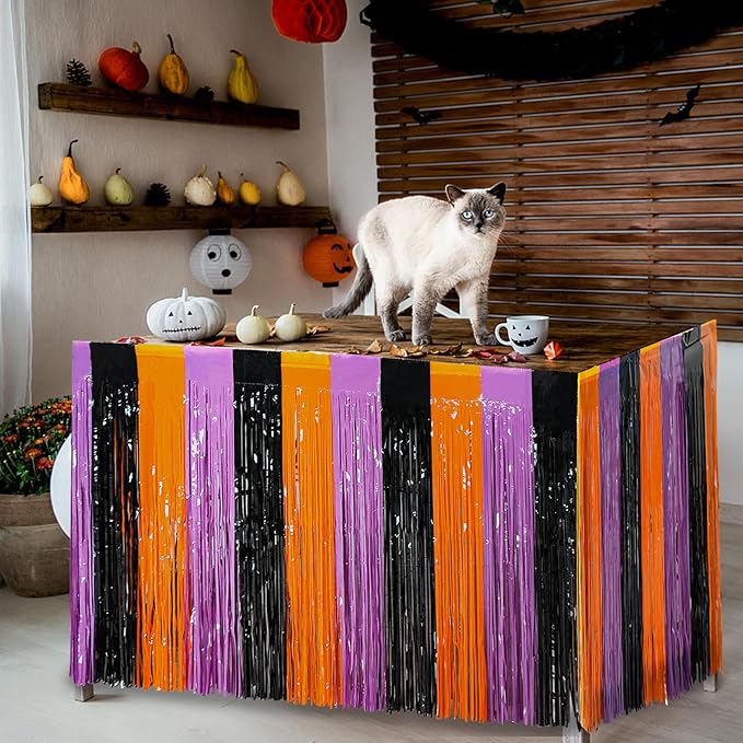 6 Pack 30x108 Inch Halloween Table Skirt Decoration, Metallic Foil Fringe Tinsel Table Skirts, Curtains Backdrop Parade Floats Birthday Halloween Christmas Party Decoration(Black Orange Purple)