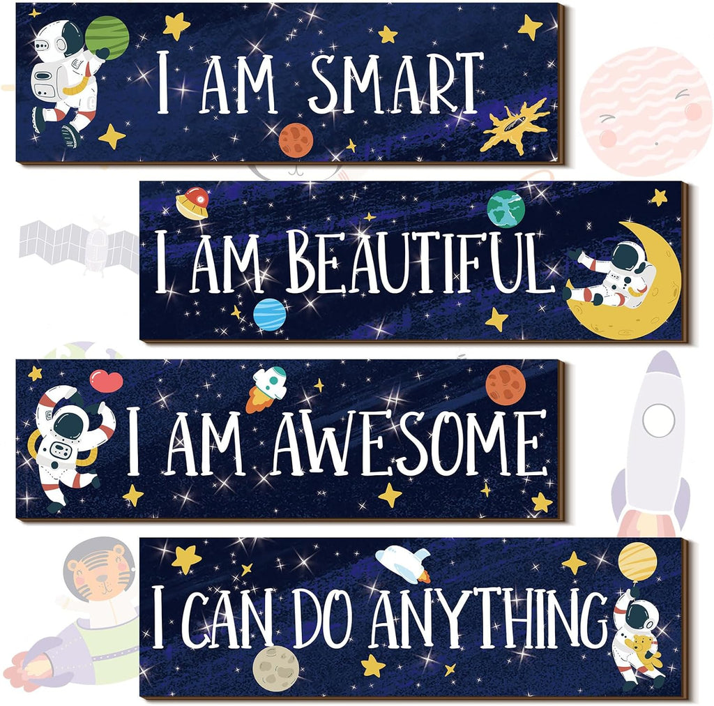 Yookeer 4 Pcs Space Room Decor for Kids Boys Outer Space Wall Art Bedroom Decor for Nursery Classroom Astronaut Galaxy Posters Spaceman Wood Sign Be Brave and Be Kind for Baby Boy(I)