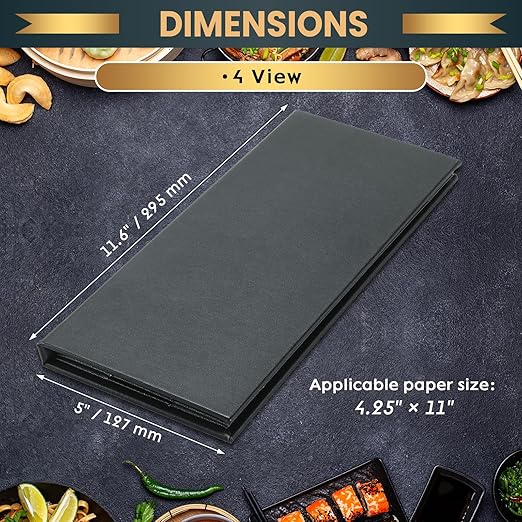 12 Pack 4 View Menu Holder Menu Covers 4.25" x 11" | Black Leather Menu Sleeves Book Style for Restaurant Coffee Bars Wine List