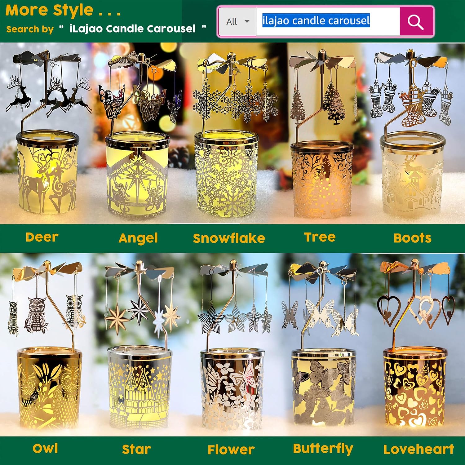 iLaJao Rotary Tea Light Carousel Angel Rotary Candle Holders Spinning Tealight Holders Christmas Decoration for Tabel Centrepieces Gift for Mom Women Wife Birthday-6 ¼ Inch Tall (Snowflake)