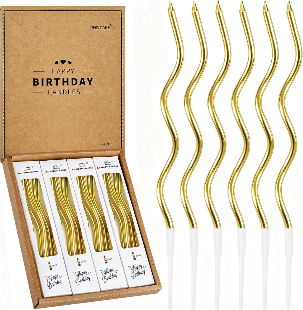 PHD CAKE 24-Count Gold Spiral Long Thin Metallic Birthday Candles, Cake Candles, Birthday Parties, Wedding Decorations, Party Candles