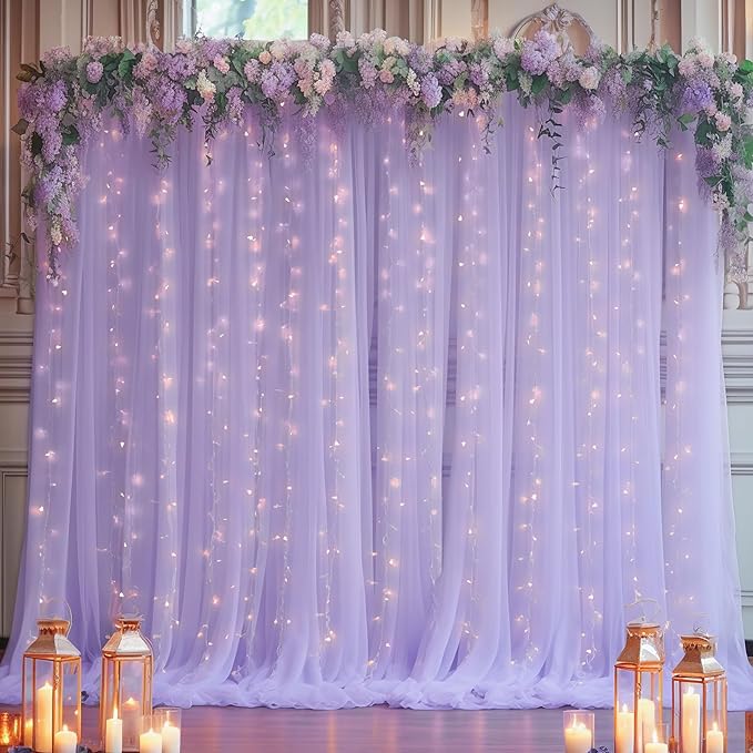 10x10ft Purple Tulle Backdrop Curtain with Lights String for Parites, Sheer Photo Backdrop Curtains with Lights for Wedding Backdrop Ceremony Reception Bridal Shower Baby Shower Birthday Party