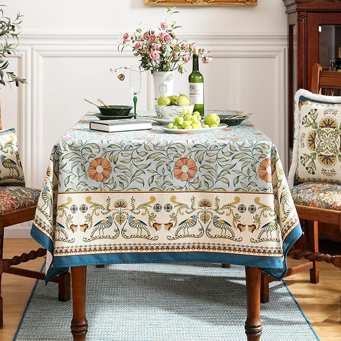 patdrea Designer French Linen Blue Tablecloth for Rectangle Table,Vintage Floral Table Cloth,Colorful Decoration Fall Cover Kitchen Dining for Thanksgiving,Tea Party,Christmas,63"x110"-Wensel