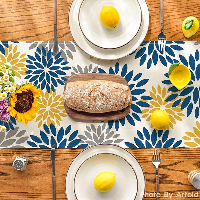 Artoid Mode Blue Dahlia Floral Pinnata Summer Table Runner, Spring Kitchen Dining Table Decoration for Home Party Decor 13x108 Inch