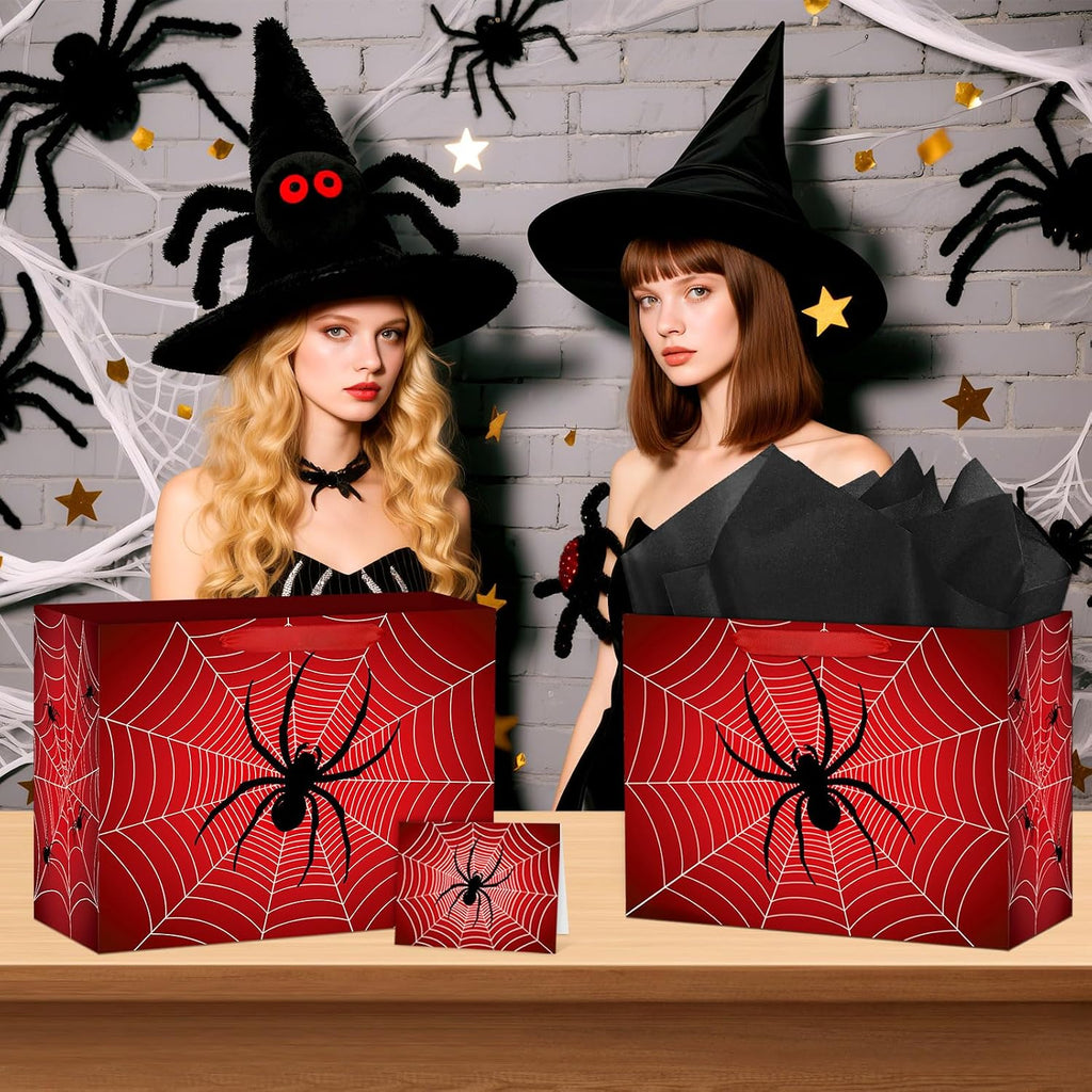 Hooqict Spider Birthday Gift Bag with Handles, Wrapping Paper, Greeting Card for Boys Kids Men Goodie Treat Party Gift Box Black Red Spider Web Birthday Decorations Halloween Bag