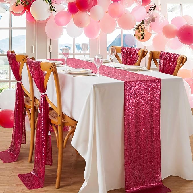Sequin Table Runner Fuchsia 10 Pcs 12x108 Inches Elegant Wedding Sparkly Fabric Table Runners for Bridal Shower Banquet Celebration Decorations