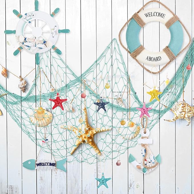 Marsui 11 Pcs Wooden Nautical Wall Decor Fishing Net Decorations, Include Decorative Fishing Net, Ship wheel, Fish Skeleton, Life Ring, Anchor, Starfish Beach Decor for Mediterranean Party (Teal)