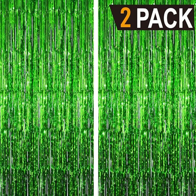 GOER 6.4 ft x 9.8 ft Metallic Tinsel Foil Fringe Curtains,Pack of 2 Party Streamer Backdrop for St. Patrick's Day,Birthday,Graduation,New Year Eve Decorations Christmas Wedding Decor (Green)