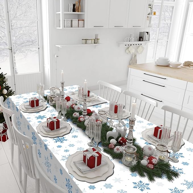 4.5x100 Feet Roll of Christmas Plastic Tablecloth Decorations,Disposable White Snowflake Blue Xmas Table Cover Photography Backdrop with Cutter Box for Winter Christmas Holiday New Year Party Supplies