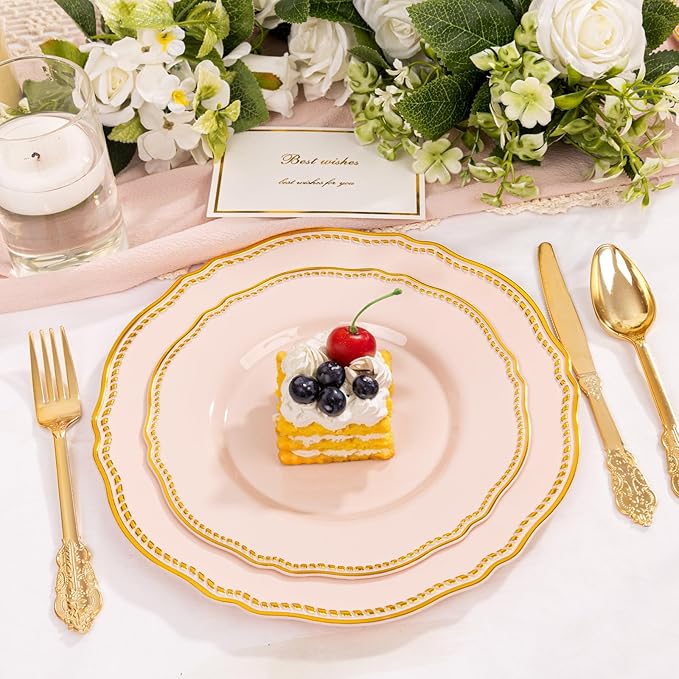 Hioasis 60pcs Pink Plastic Plates - Pink and Gold Disposable Dinnerware with Gold Rim, Heavy-duty, 7.5 inch, Dessert Plates for Party & Wedding