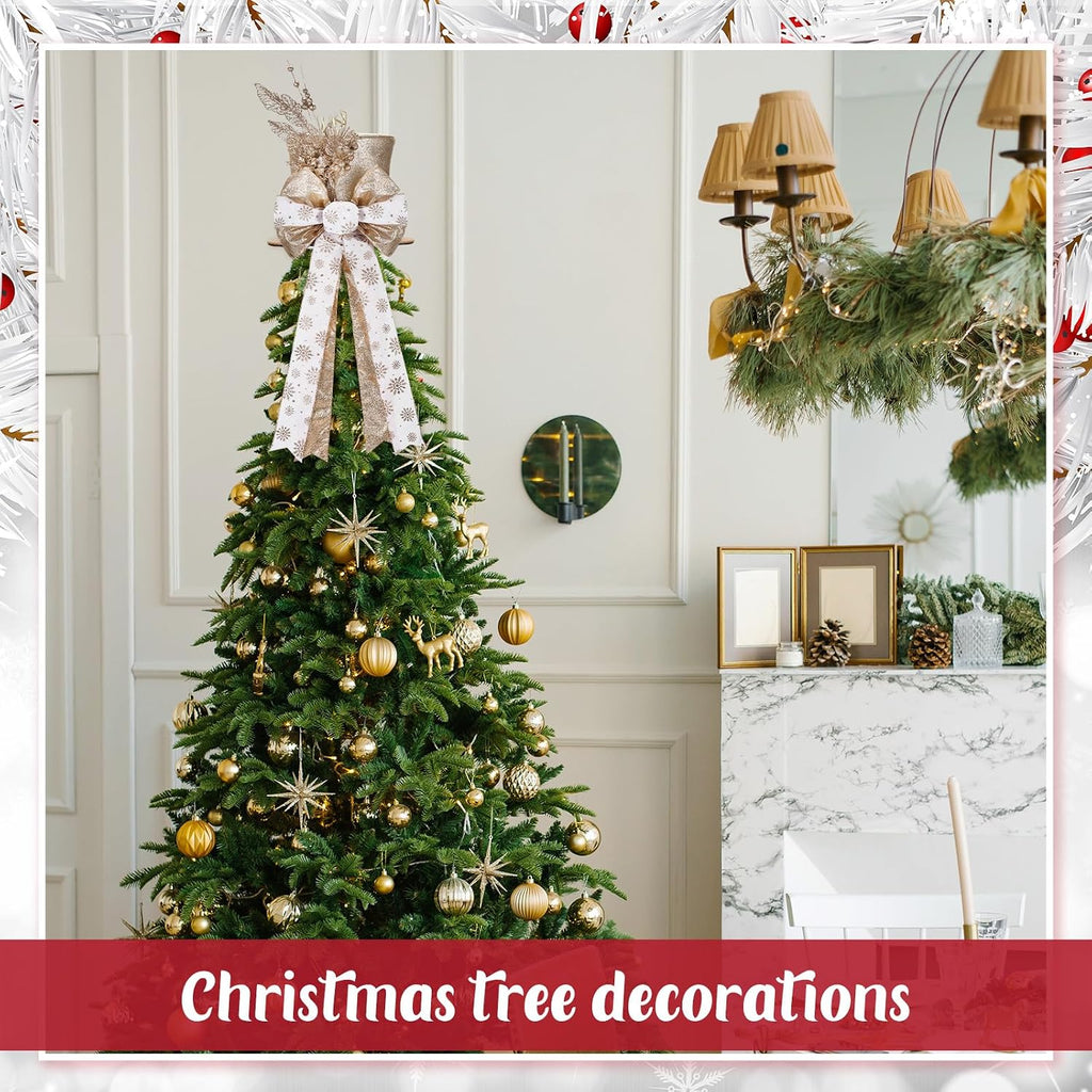 Poen Christmas Tree Topper Hat Shiny Sequins Top Hat with Bow Lengthened Ribbon Tree Topper Santa Christmas Decorations for Xmas Gift Ideas Holiday Winter Party Ornament Supplies(Gold)