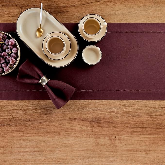 Solino Home Linen Burgundy Table Runner 144 Inches Long - 100% Pure Linen Extra Long Table Runner 14 x 144 Inch for Fall, Autumn, Thanksgiving, Christmas, Holiday - Classic Hemstitch