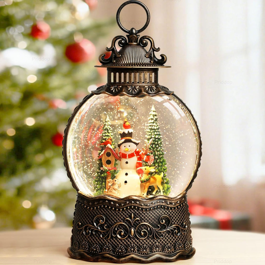 Priddop Snowman Snow Globe Christmas Decorations Indoor Deer Cardinal Snowman Gifts Classic Relief Texture Musical Glitter Snowfall USB/Battery Timer Lantern 10.6 inch
