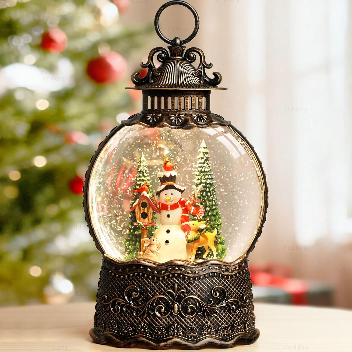 Priddop Snowman Snow Globe Christmas Decorations Indoor Deer Cardinal Snowman Gifts Classic Relief Texture Musical Glitter Snowfall USB/Battery Timer Lantern 10.6 inch