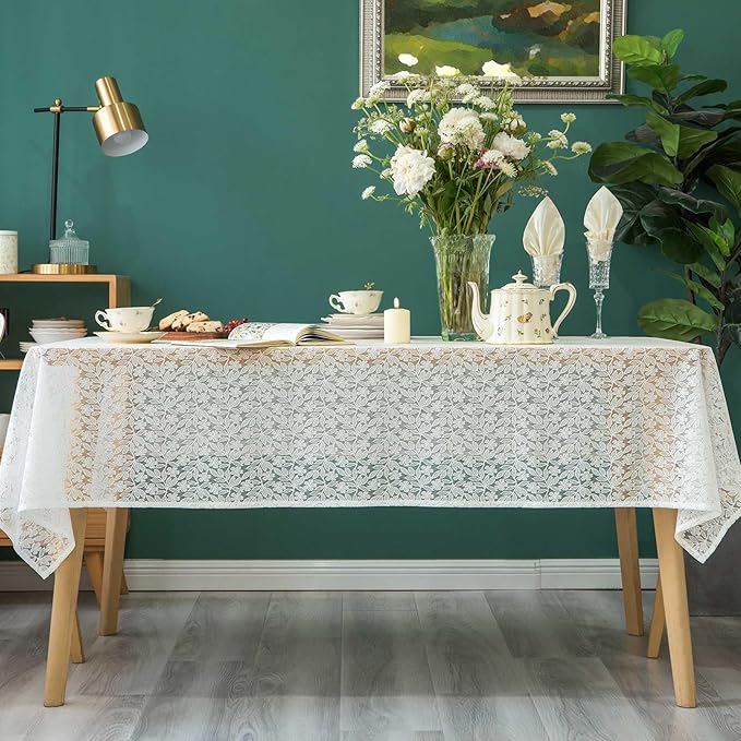 Lace Tablecloth Leaf Pattern Warp Knitting Fabric Solid White Rectangle/Oblong Table Cover for Kitchen Dining Farmhouse Wedding Party Decor Ivory, 55x102 Inch
