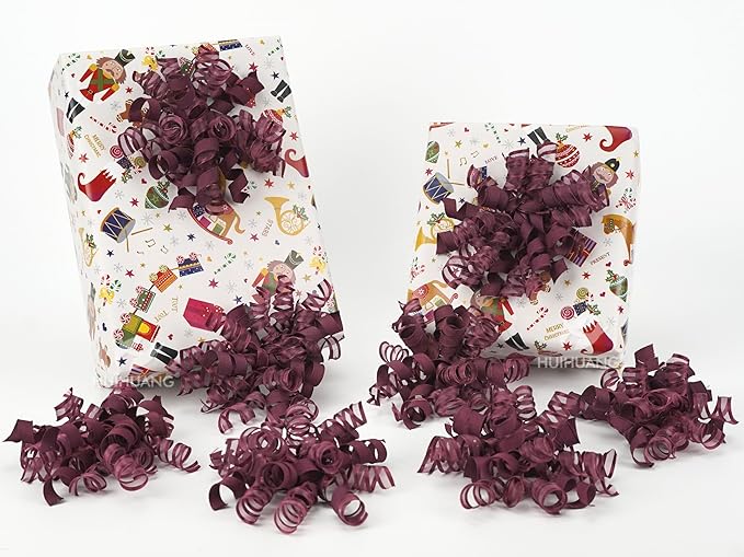 HUIHUANG Christmas Bows for Gift Wrapping Burgundy Curly Gift Bow 5 inch x 8 Counts Wine Red Self-Adhesive Xma Bows for Presents, Paper Bag, Party Favors, Wrapping Accessories