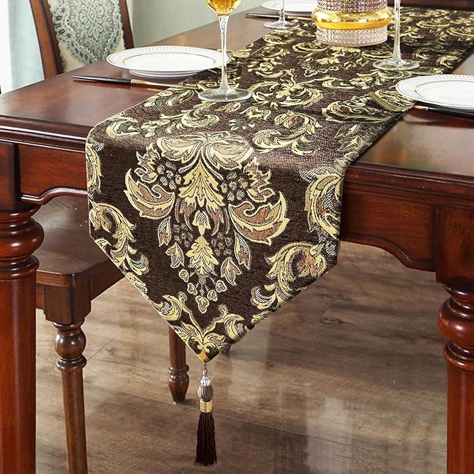 Glittering Colorful Jacquard Table Runner 72 inches Long Chenille and Satin Dark Brown for Christmas
