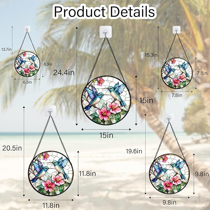 Stained Glass Window Hanging - Blue White Hummingbirds Pink Flowers Suncatcher for Door Terrace Garden Home Decor Bird Sun Catcher Birthday Gifts for Lovers Women Men Dad Mom Nana 15 in