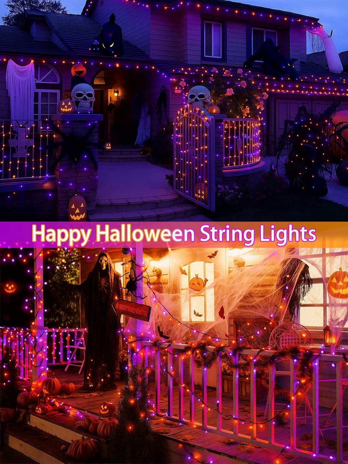 4 Pack 132FT Solar Halloween Lights Outdoor Waterproof, Orange and Purple