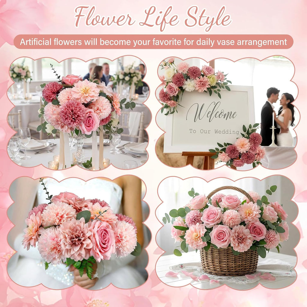 suncalla 98pcs artificial flowers with stems, pink color on a desk or shelf
