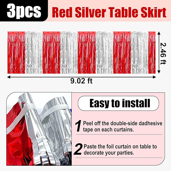 3 Pack 29x108 Inch Red Silver Foil Fringe Table Skirts Metallic Banner for Tinsel Streamer Garland Backdrop for Parade Floats Wedding Thanksgiving Birthday Christmas Halloween Party Decoration