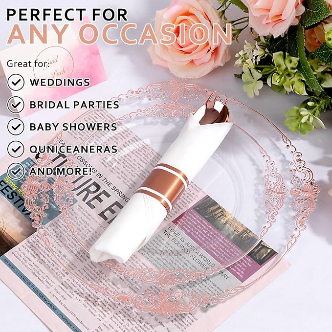 400PCS Pre Rolled Rose Gold Plastic Silverware Sets - Heavy Duty Rose Gold Cutlery - Include 100 Pack Wrapped Disposable Utensils with Napkins for Parties & Dinners & Weddings